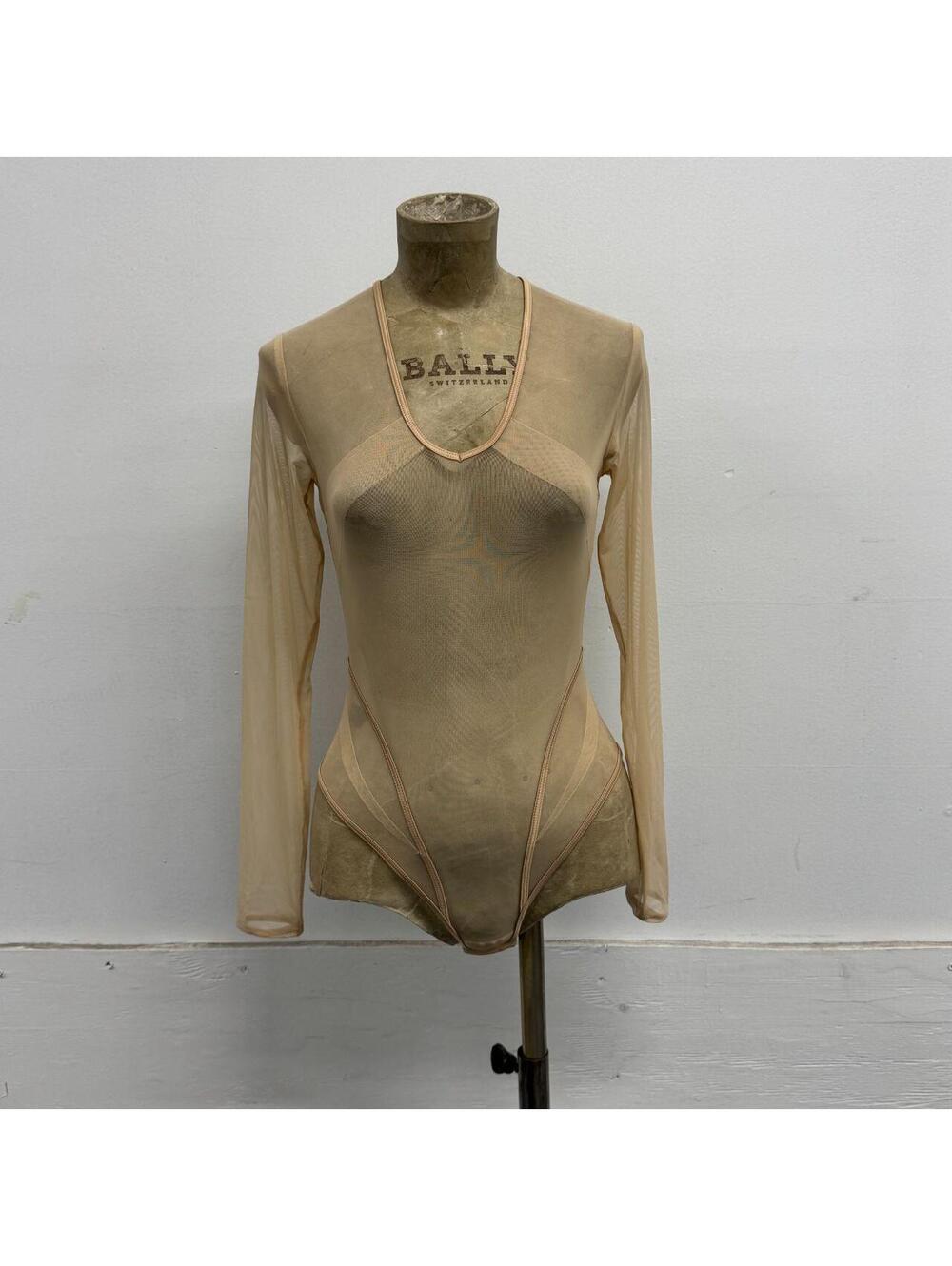 MARIEMUR Nude Sheer Power-Mesh Long-Sleeve Illusion Bodysuit